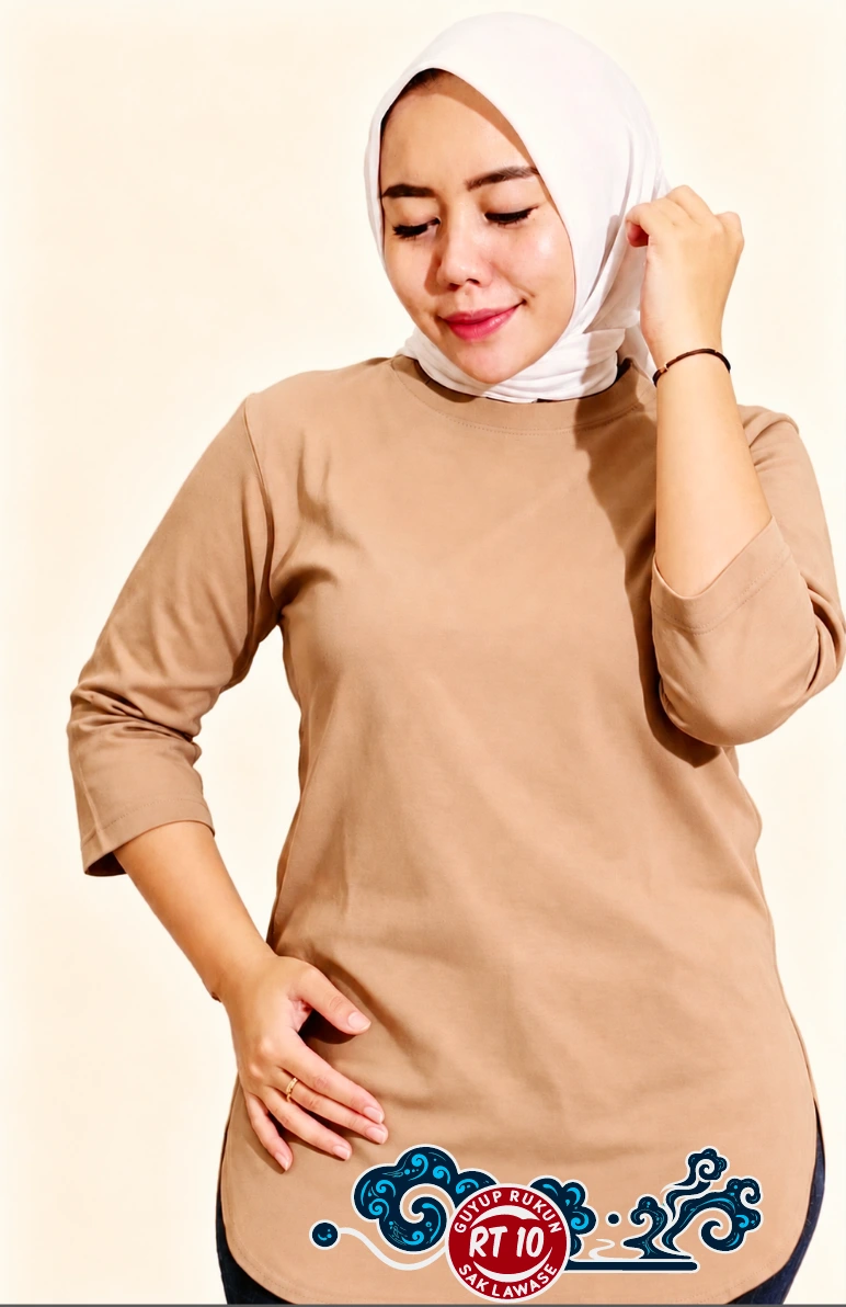 Kaos tunik beige lengan panjang dengan sablon plastisol motif awan mega mendung biru dan logo Guyup Rukun RT 10 Sak Lawase, dipakai model berhijab — karya Blumbang ID untuk ibu-ibu RT 10 Karangri, Trucuk, Klaten. Detail sablon plastisol motif awan mega mendung biru tua biru muda dengan list putih dan logo bundar merah Guyup Rukun RT 10 Sak Lawase pada kaos beige — karya Blumbang ID, Trucuk, Klaten