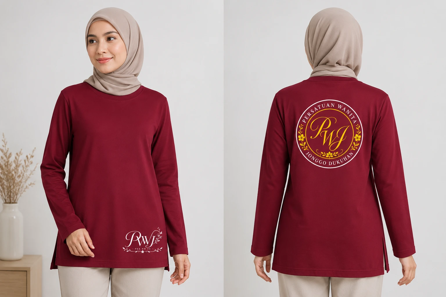 Desain belakang Logo bundar PWJ Persatuan Wanita Jonggo Dukuhan, monogram script emas di tengah, teks melingkar Persatuan Wanita dan Jonggo Dukuhan, dihias ornamen bunga kuning kenari di kedua sisi. Gambar logo depan (pojok kanan bawah):
Monogram PWJ bergaya script putih dengan tulisan PKK RW 08 dan elemen floral sederhana, untuk bagian depan kaos PWJ Jonggo Dukuhan