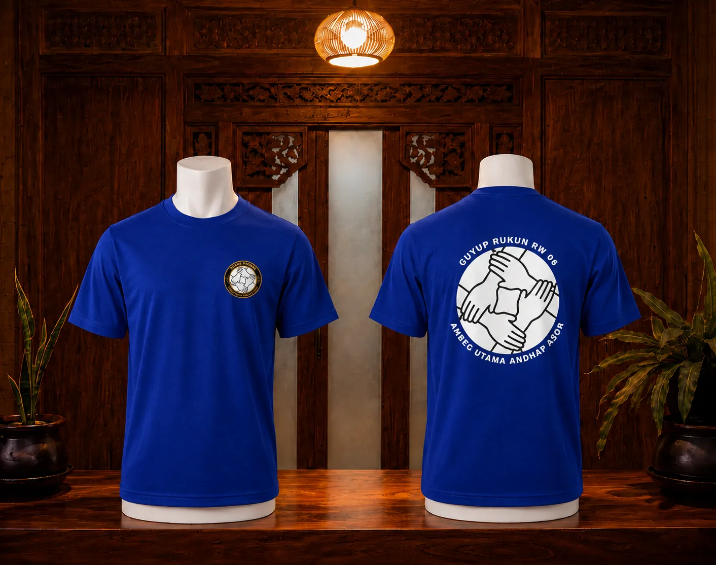 Kaos turkis tua Dukuh Pingkol RW 06 tampak depan dan belakang — bagian depan logo kecil di dada kiri bertuliskan Dukuh Pingkol, bagian belakang ilustrasi besar empat tangan saling berpegangan dengan tulisan Guyup Rukun RW 06 dan Ambeg Utama Andhap Asor, sablon plastisol hitam putih