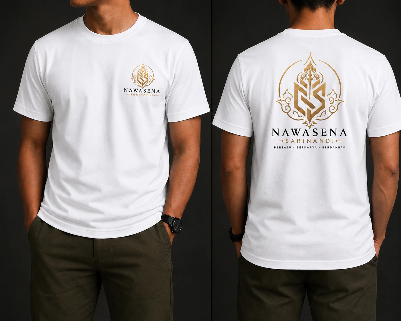 Kaos putih tampak depan dan belakang dengan sablon plastisol logo emas Nawasena Sarinandi berbentuk gunungan — dada kiri untuk tampak depan, ukuran besar berornamen Jawa dan tagline Bersatu Berkarya Berdampak di punggung — karya Blumbang ID untuk Karang Taruna Krosok, Trucuk, Klaten
